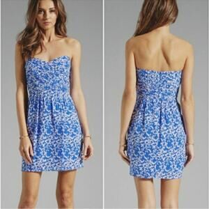 Shoshanna blue white floral sweetheart strapless silk dress size 4 NWT